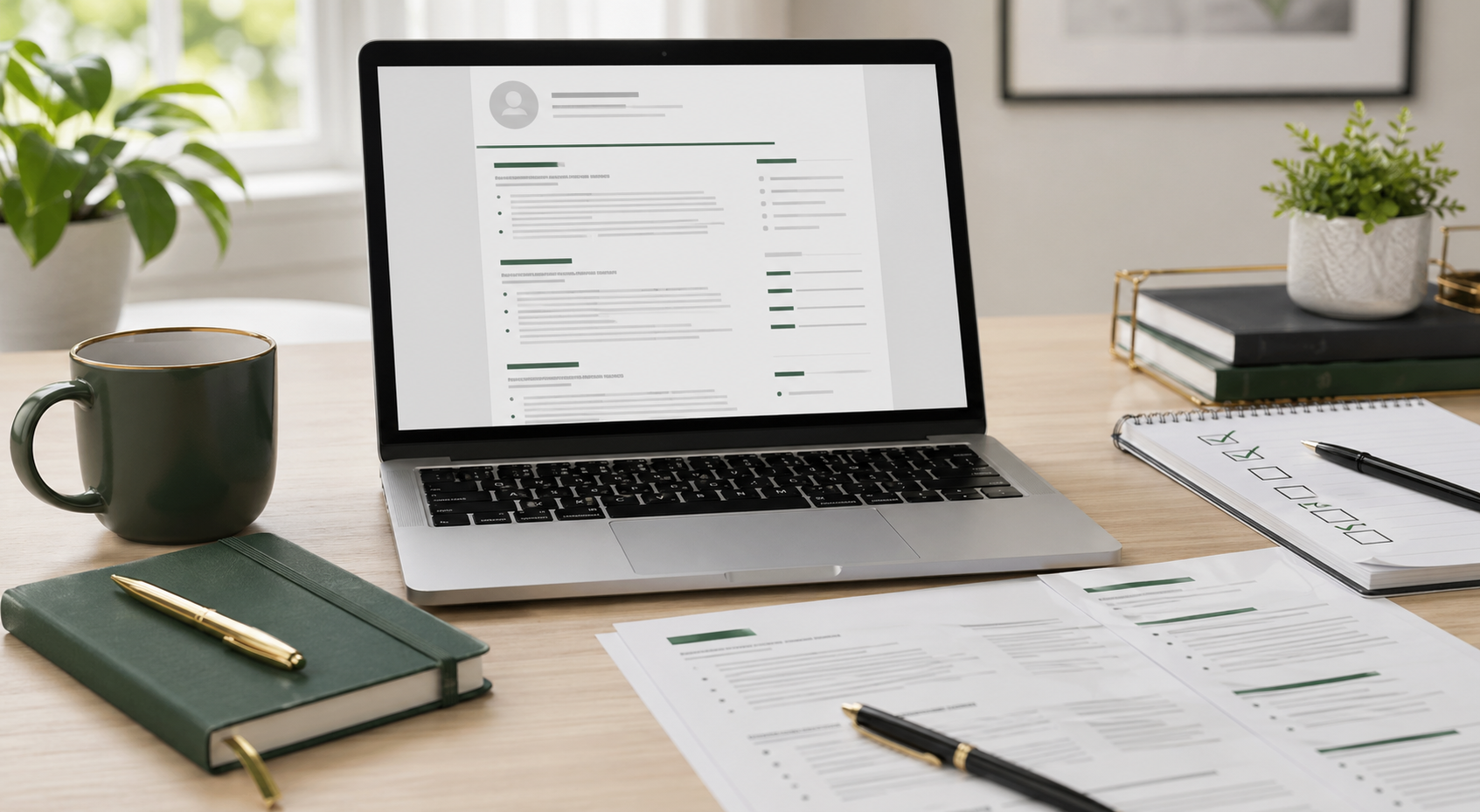 Resume and job application materials on a professional desk